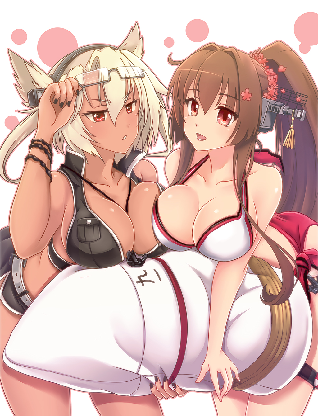 2girls adjusting_glasses asymmetrical_docking bikini blonde_hair breast_press breasts brown_hair cleavage commentary_request dark_skin glasses grey_hair hair_intakes highres kantai_collection multiple_girls musashi_(kantai_collection) omone_chou pillow pointy_hair ponytail red_eyes semi-rimless_glasses swimsuit under-rim_glasses yamato_(kantai_collection)large_breasts