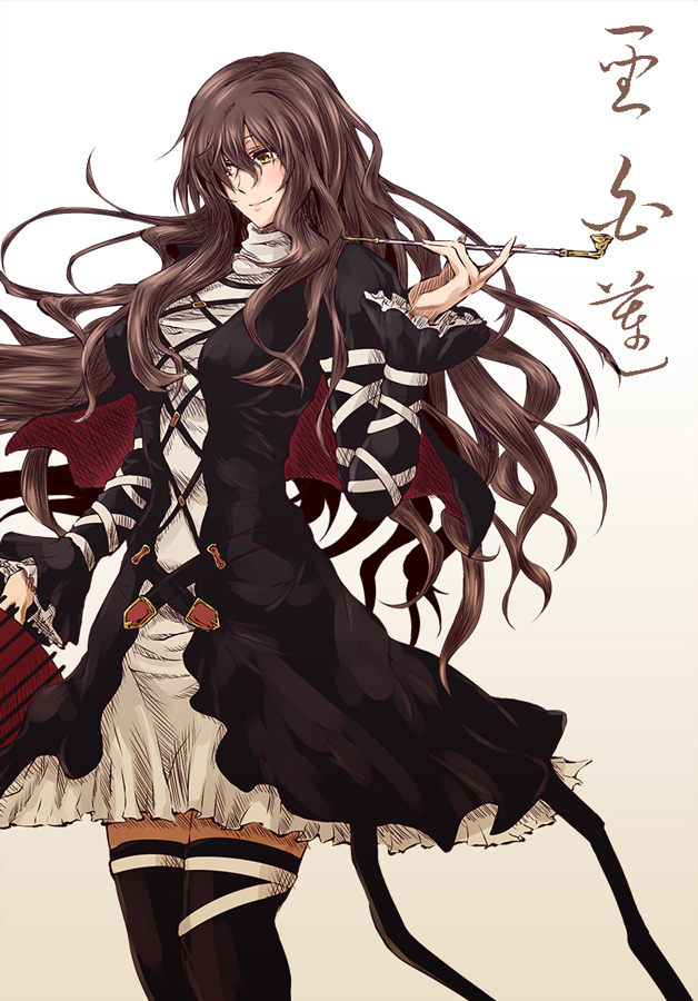 1girl black_boots black_dress boots breasts brown_hair cape closed_umbrella cowboy_shot dress frilled_sleeves frills gradient gradient_background grey_background hair_over_shoulder hiiragi_isaki hijiri_byakuren holding_pipe juliet_sleeves kiseru layered_dress long_hair long_sleeves oriental_umbrella pipe puffy_sleeves short_dress smile smoking_pipe solo thigh-highs thigh_boots touhou translation_request turtleneck umbrella very_long_hair white_background white_dress zettai_ryouiki