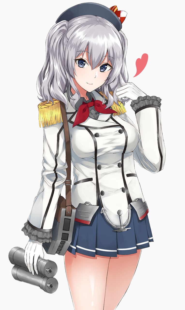 1girl blue_eyes breasts epaulettes gen_(gen_7254) gloves hat highres kantai_collection kashima_(kantai_collection) looking_at_viewer military military_uniform silver_hair smile solo twintails uniform