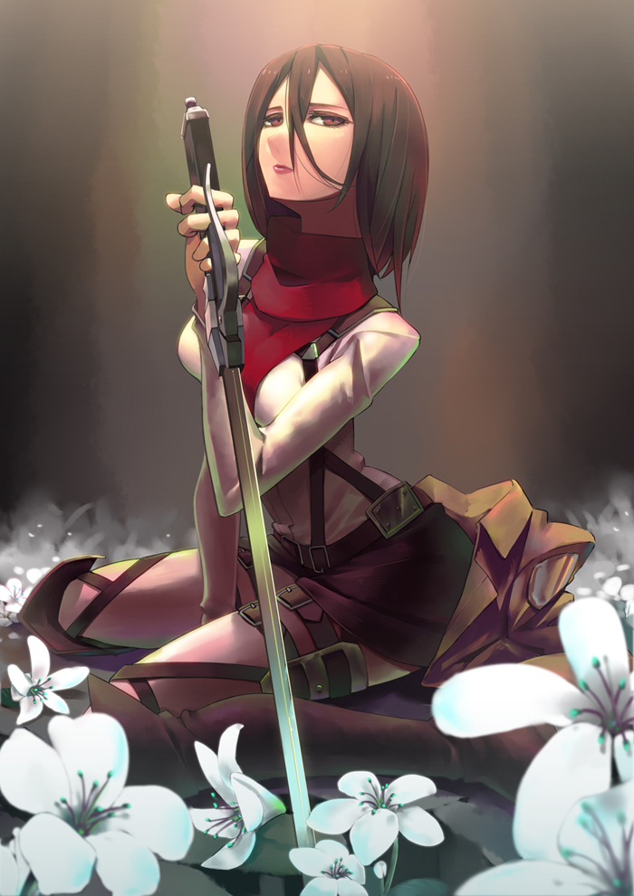 1girl belt between_legs black_eyes black_hair boots closed_mouth flower gamma_(geoffrey) gradient_hair hair_between_eyes hand_between_legs holding_sword holding_weapon jacket jacket_removed long_sleeves looking_at_viewer looking_to_the_side mikasa_ackerman miniskirt multicolored_hair pants pink_lips red_eyes red_scarf redhead scarf shingeki_no_kyojin shirt short_hair sitting skirt solo sword thigh_strap three-dimensional_maneuver_gear wariza weapon white_flower white_pants white_shirt