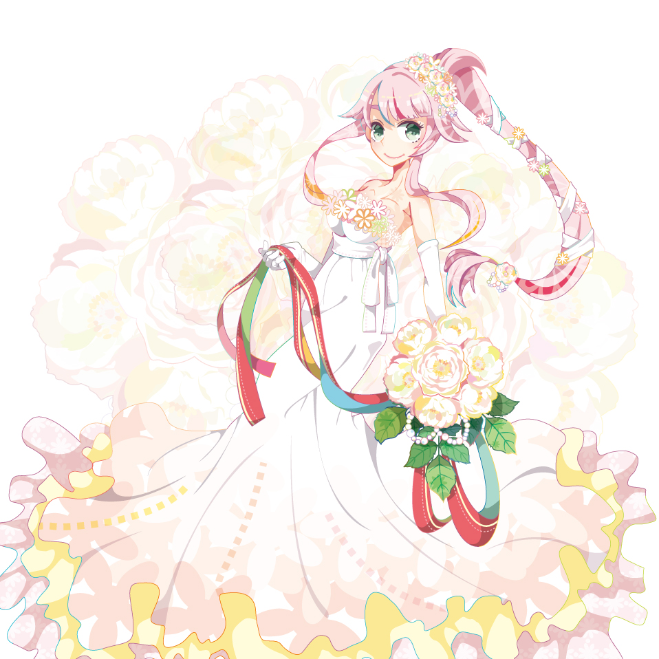 1girl alternate_costume arishiki bare_shoulders beads bouquet breasts cleavage dress elbow_gloves floral_background flower frills full_body gloves gradient green_eyes hair_flower hair_ornament hair_ribbon holding_bouquet kantai_collection long_dress long_hair looking_at_viewer pink_hair ponytail red_ribbon ribbon solo strapless_dress wedding_dress white_dress white_gloves white_ribbon yura_(kantai_collection)