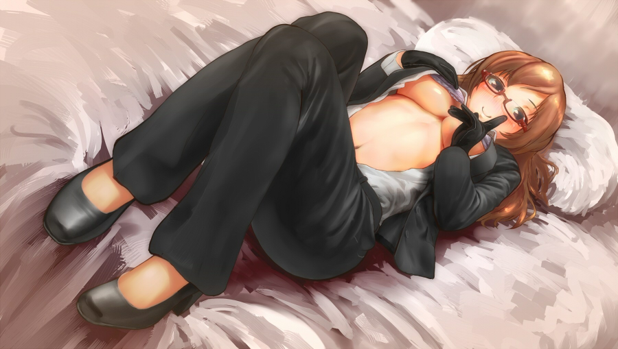 1girl bed breasts brown_hair formal genso glasses gloves knees_together_feet_apart long_hair looking_to_the_side navel open_clothes pillow smile solo under_boob