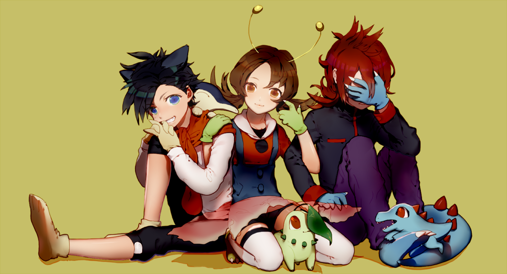 1girl 2boys animal_on_shoulder antennae bangs between_thighs black_hair black_panties blue_eyes brown_eyes brown_hair buttons capri_pants chikorita covering_face cyndaquil embarrassed emje_(uncover) finger_to_face gloves gold_(pokemon) grin hand_on_another's_shoulder hood_down interlocked_fingers kotone_(pokemon) locked_arms long_sleeves multiple_boys overalls panties pants paw_gloves paw_shoes pokemon pokemon_(creature) pokemon_(game) pokemon_hgss redhead revealing_cutout shoes short_sleeves silver_(pokemon) simple_background sitting smile thigh-highs totodile twintails underwear white_legwear