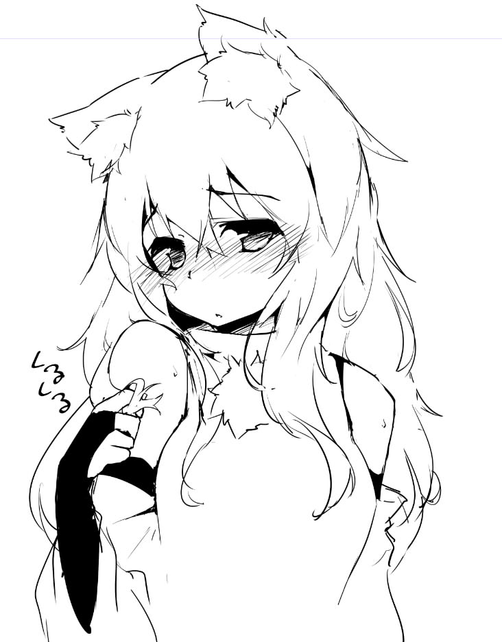 1girl alternate_hair_length alternate_hairstyle animal_ears bare_shoulders blush bridal_gauntlets detached_sleeves inubashiri_momiji lineart long_hair looking_at_viewer monochrome playing_with_own_hair shirt solo tera_zip touhou wolf_ears