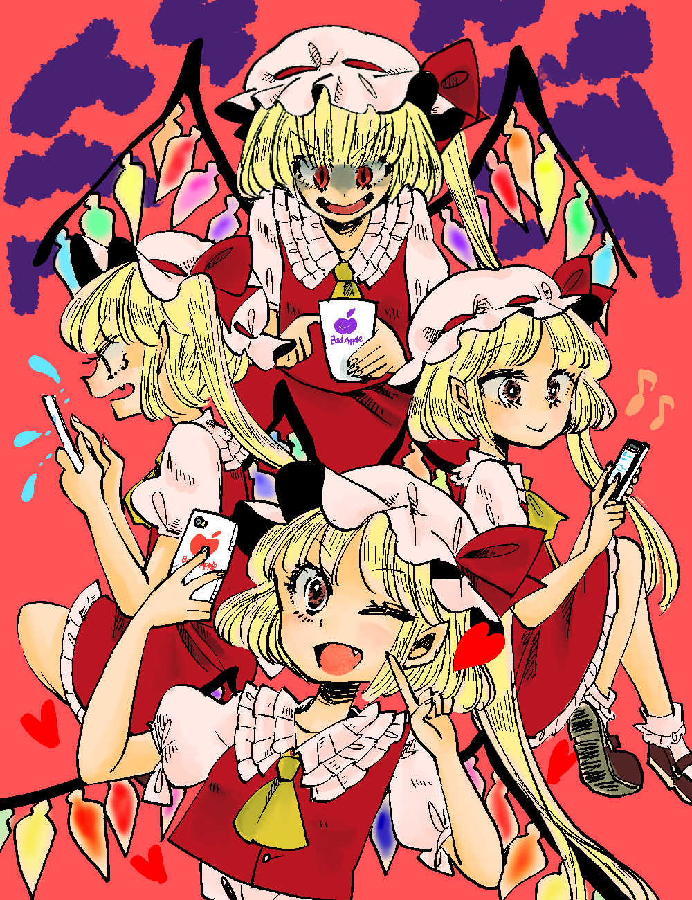 4girls blonde_hair cellphone clone flandre_scarlet four_of_a_kind_(touhou) hat heart highres iphone komaku_juushoku multiple_girls multiple_persona musical_note one_eye_closed phone red_eyes short_hair side_ponytail smartphone touhou wings
