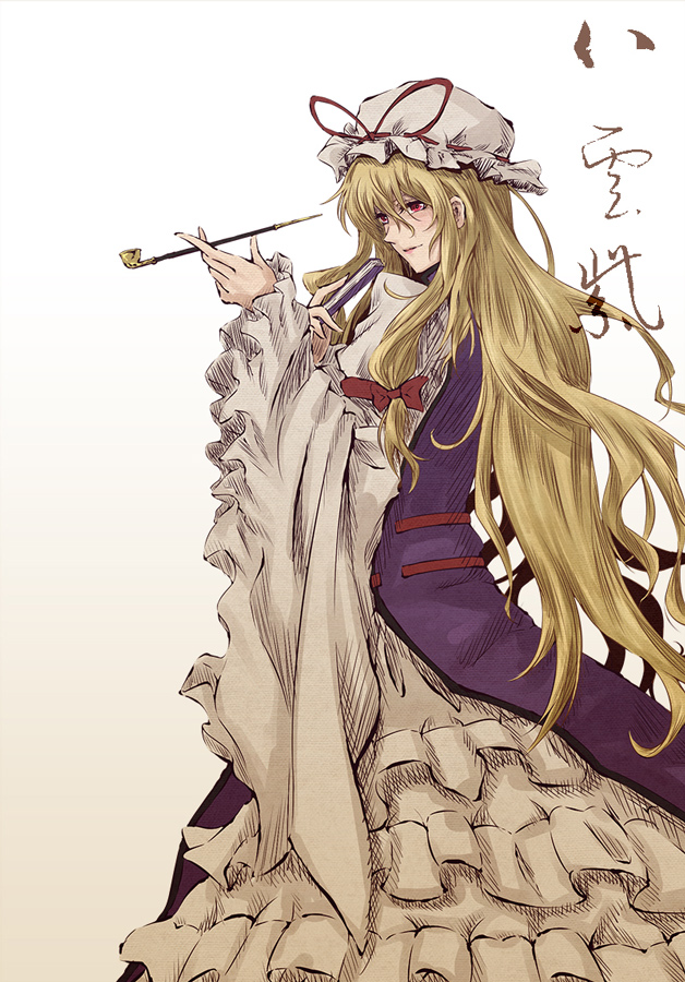 1girl armband blonde_hair bow closed_fan dress expressionless fan folding_fan frilled_dress frills from_behind gradient gradient_background grey_background hair_between_eyes hair_bow hat hat_ribbon hiiragi_isaki holding_pipe kiseru long_hair long_sleeves looking_to_the_side mob_cap pipe red_eyes ribbon sidelocks smoking_pipe solo tabard touhou translation_request very_long_hair white_background white_dress wide_sleeves yakumo_yukari