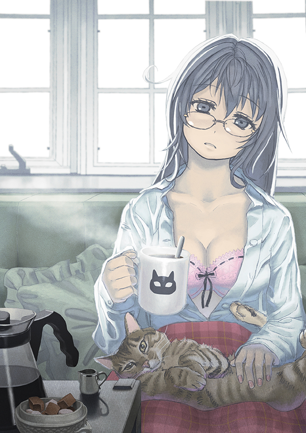 1girl black_hair bra breasts cat cleavage cup glasses long_hair looking_at_viewer misumi_(niku-kyu) mug original solo underwear winter