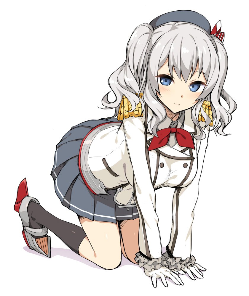 1girl all_fours black_legwear blue_eyes breasts epaulettes frilled_sleeves frills gloves hat kantai_collection kashima_(kantai_collection) kneehighs large_breasts looking_at_viewer military military_uniform pleated_skirt silver_hair skirt smile solo takayaki twintails uniform wavy_hair white_background white_gloves