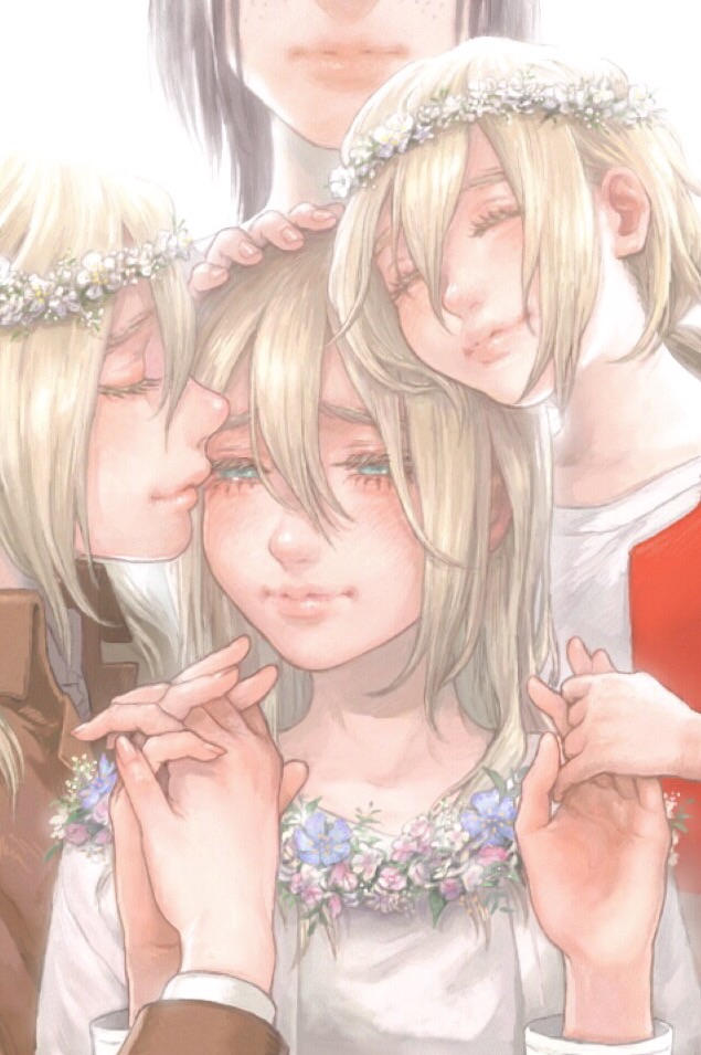 2girls 4girls age_difference blonde_hair christa_renz flower hair_between_eyes hand_on_another's_head happy head_out_of_frame head_tilt holding_hands interlocked_fingers multiple_girls multiple_persona older out_of_frame shingeki_no_kyojin short_hair time_paradox tobii_(tbtbi) wreath ymir_(shingeki_no_kyojin) younger