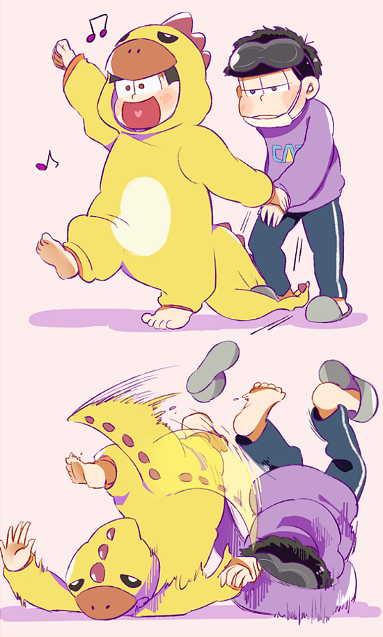 2boys :d barefoot beamed_quavers black_hair blush brothers clothes_writing comic dinosaur_costume frown half-closed_eyes happy heart heart_in_mouth holding_hands hood hood_down hoodie ichimatsu jyushimatsu long_sleeves male_focus mask_on_head multiple_boys musical_note open_mouth osomatsu-kun osomatsu-san palms pants quaver shadow shoes_removed siblings silent_comic simple_background single_shoe sleep_mask slippers slippers_removed smile soles stepping stepping_on_clothes surgical_mask track_pants tripping walking xxxceller