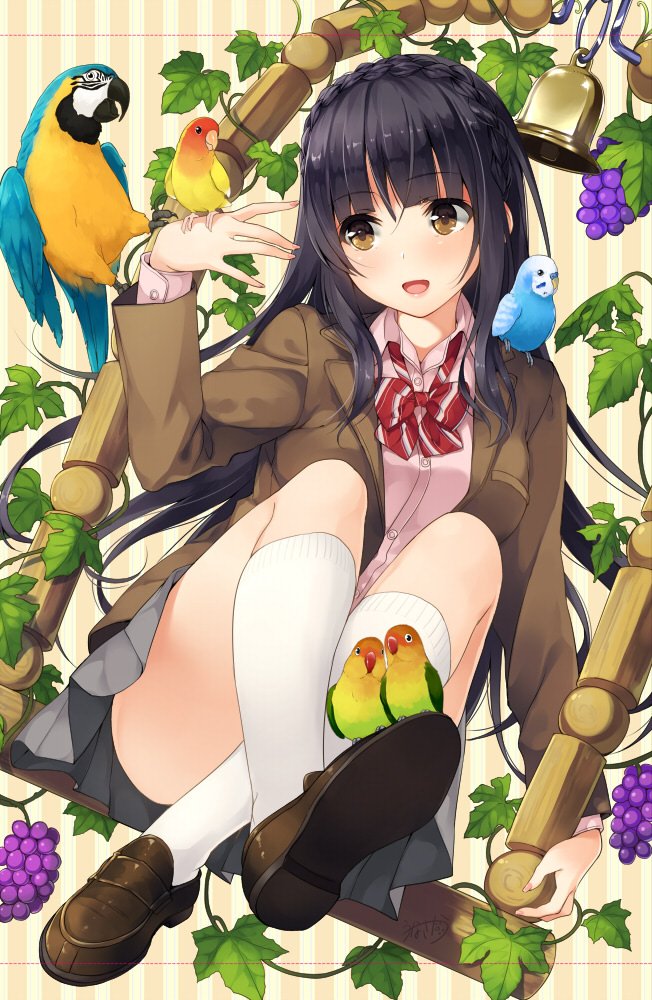 1girl :d animal_on_shoulder bell bird bird_on_hand bird_on_leg bird_on_shoulder black_hair blazer blush bowtie brown_eyes dress_shirt food fruit kneehighs loafers long_hair long_sleeves open_blazer open_clothes open_mouth original parakeet parrot pleated_skirt school_uniform shirt shoes sitting skirt smile solo striped striped_bowtie unasaka_ryou vertical-striped_background vertical_stripes very_long_hair vines white_legwear wing_collar