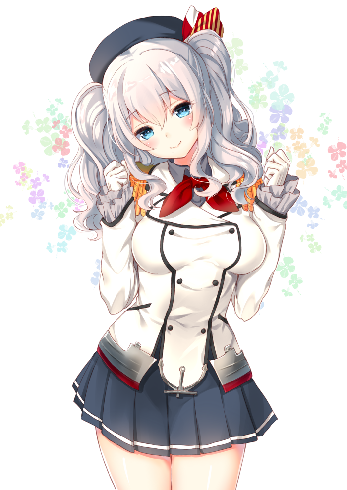 1girl blue_eyes cowboy_shot gloves hat head_tilt jacket kantai_collection kashima_(kantai_collection) long_hair long_sleeves looking_at_viewer military military_uniform nunucco pleated_skirt shirt silver_hair skirt smile solo thighs twintails uniform white_gloves