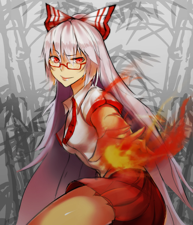 1girl adapted_costume bespectacled bow fire fujiwara_no_mokou glasses hair_bow kevn long_hair red-framed_glasses red_eyes silver_hair skirt solo touhou very_long_hair