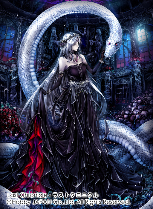 1girl albino bare_shoulders black_dress black_gloves copyright_name dress elbow_gloves giant_snake gloves jewelry last_chronicle lolita_fashion long_hair moon moonlight necklace original pale_skin pile_of_skulls silver_hair skull snake solo tana_(garyuh-chitai) very_long_hair watermark window