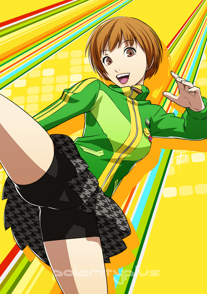 1girl bike_shorts brown_eyes brown_hair daniel_macgregor jacket kicking persona persona_4 satonaka_chie short_hair shorts_under_skirt skirt solo