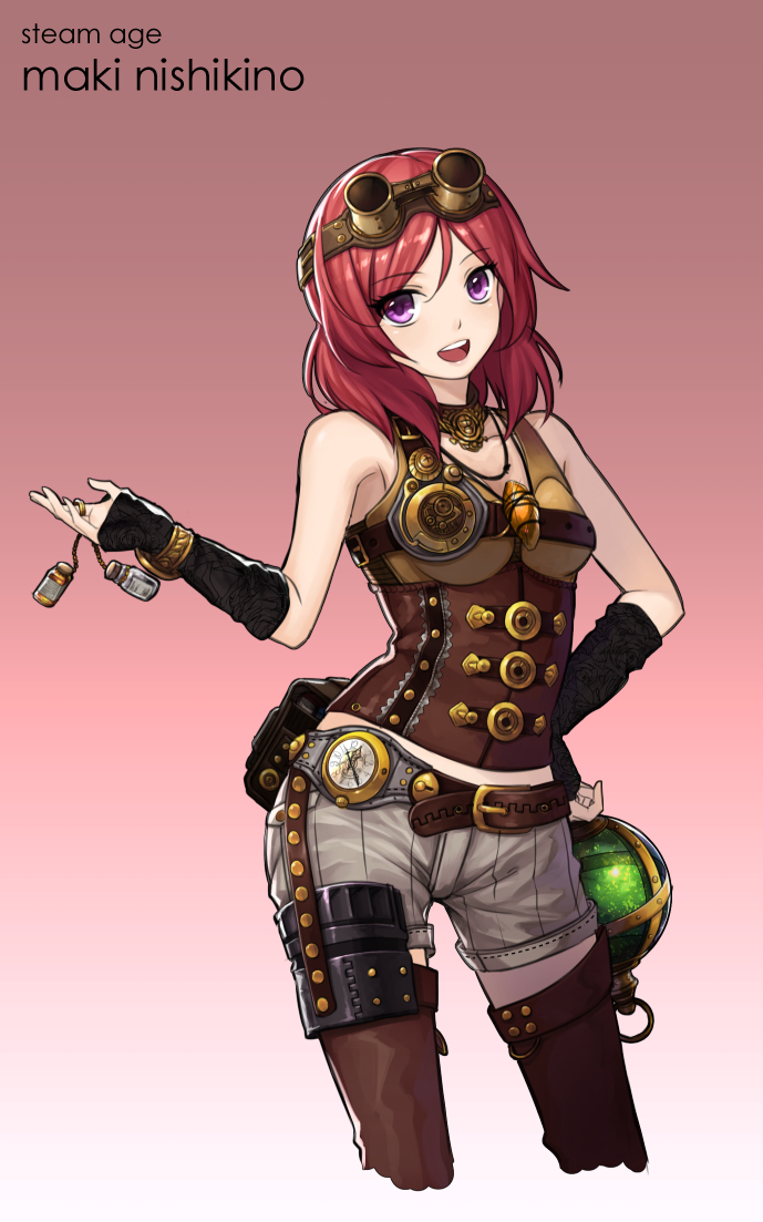 1girl :d alternate_costume arm_warmers bag ball bangs belt belt_pouch binoculars boots bottle bracelet buckle character_name clock contrapposto corset curry_bowl gradient gradient_background hand_on_hip jewelry looking_at_viewer love_live!_school_idol_project necklace nishikino_maki open_mouth pendant redhead ring short_hair shorts sleeveless smile solo sphere steampunk stitches swept_bangs teeth thigh-highs thigh_boots violet_eyes