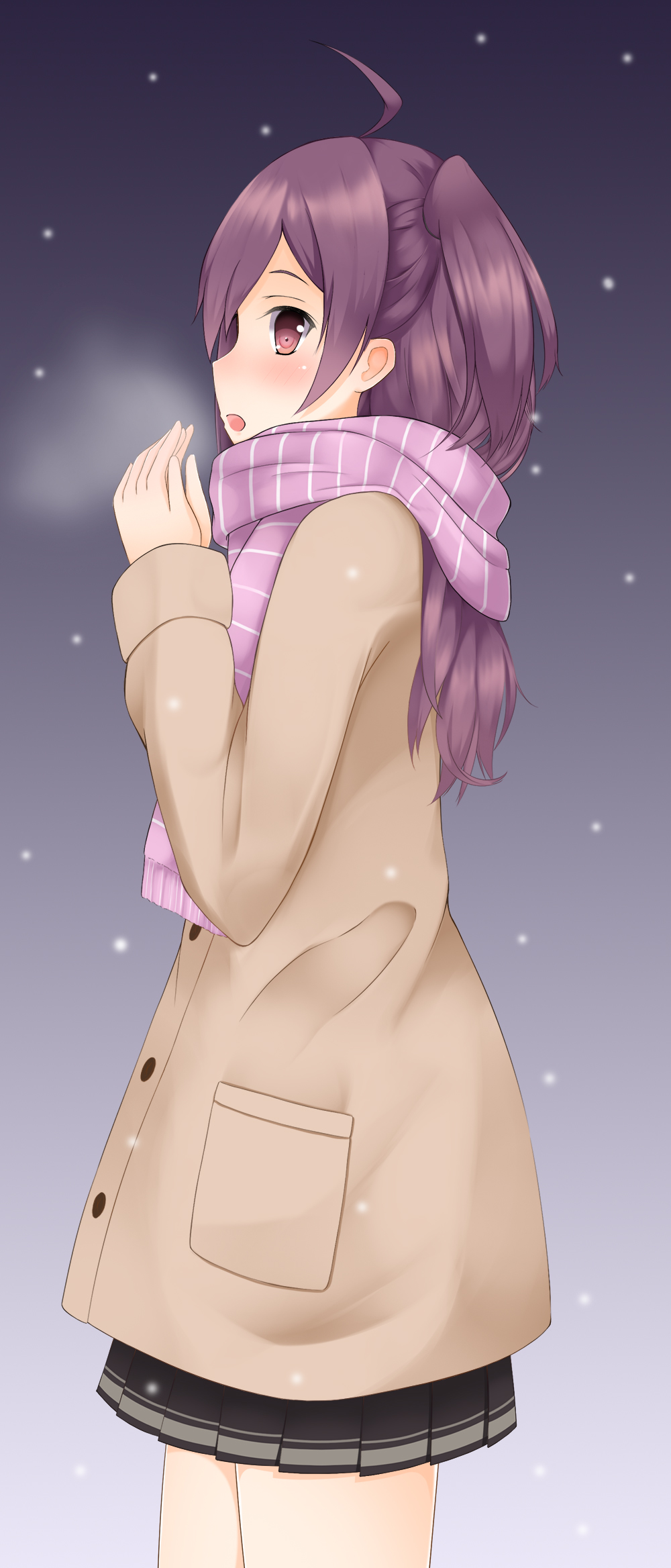 1girl :o ahoge black_skirt blush breath breathing_on_hands buttons coat cowboy_shot from_side gradient gradient_background hagikaze_(kantai_collection) highres kantai_collection long_hair long_sleeves open_mouth pleated_skirt pocket purple_background purple_hair purple_scarf scarf simple_background skirt solo standing striped striped_scarf tokito_yu violet_eyes winter_clothes winter_coat