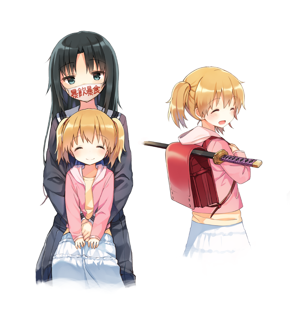 2girls :d backpack bag black_hair blonde_hair blue_eyes blush child closed_eyes hands_together head_tilt hooded_jacket hug hug_from_behind long_skirt long_sleeves looking_at_viewer multiple_girls multiple_views open_mouth randoseru school_uniform serafuku sheath sheathed shinoba shirafuji_kyouko shirt short_twintails simple_background sitting sitting_on_lap sitting_on_person skirt smile surgical_mask sword todoroki_yachiyo twintails weapon white_background working!! younger