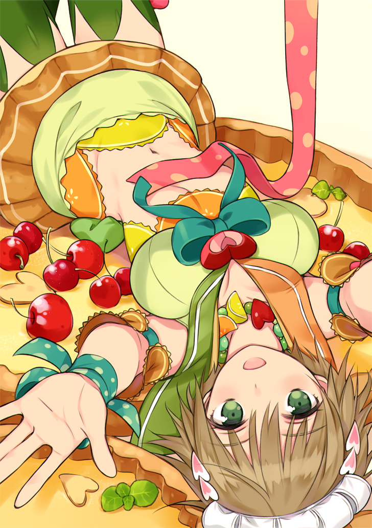 1girl brown_hair cherry food food_themed_clothes fruit fruit_tart green_eyes headdress looking_at_viewer lying midriff ninomoto on_back open_mouth original outstretched_arms personification short_hair skirt smile solo thigh-highs
