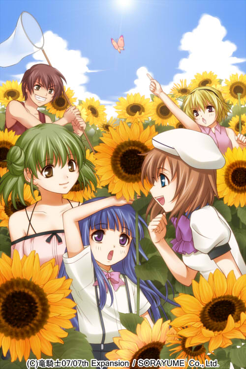 1boy 4girls beret blonde_hair blue_eyes blue_hair blush bow brown_eyes brown_hair butterfly butterfly_net clouds collarbone double_bun field flower flower_field furude_rika green_hair hand_net hat headband higurashi_no_naku_koro_ni houjou_satoko izumi_natsuka kimiyoshi_natsumi long_hair looking_at_another maebara_keiichi multiple_girls open_mouth ryuuguu_rena school_uniform short_hair sky smile sunflower sunlight suspenders