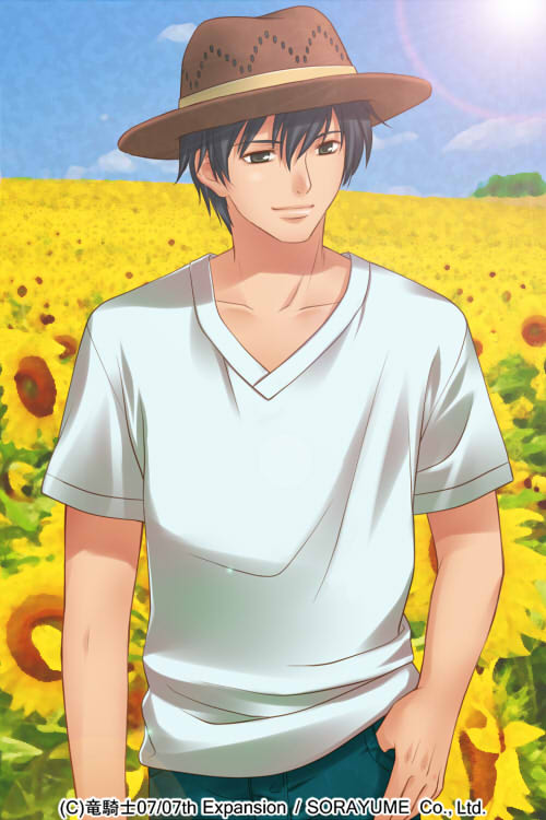 1boy akasaka_mamoru black_hair field flower flower_field hat higurashi_no_naku_koro_ni izumi_natsuka short_hair smile solo sunflower sunlight