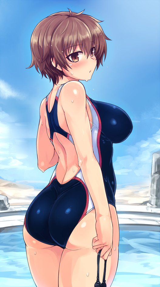 1girl ass back_cutout blush breasts brown_eyes brown_hair cowboy_shot from_behind goggles goggles_removed holding_goggles katou_keiko large_breasts looking_back null_(nyanpyoun) one-piece_swimsuit pool short_hair solo strike_witches swimsuit thighs wet