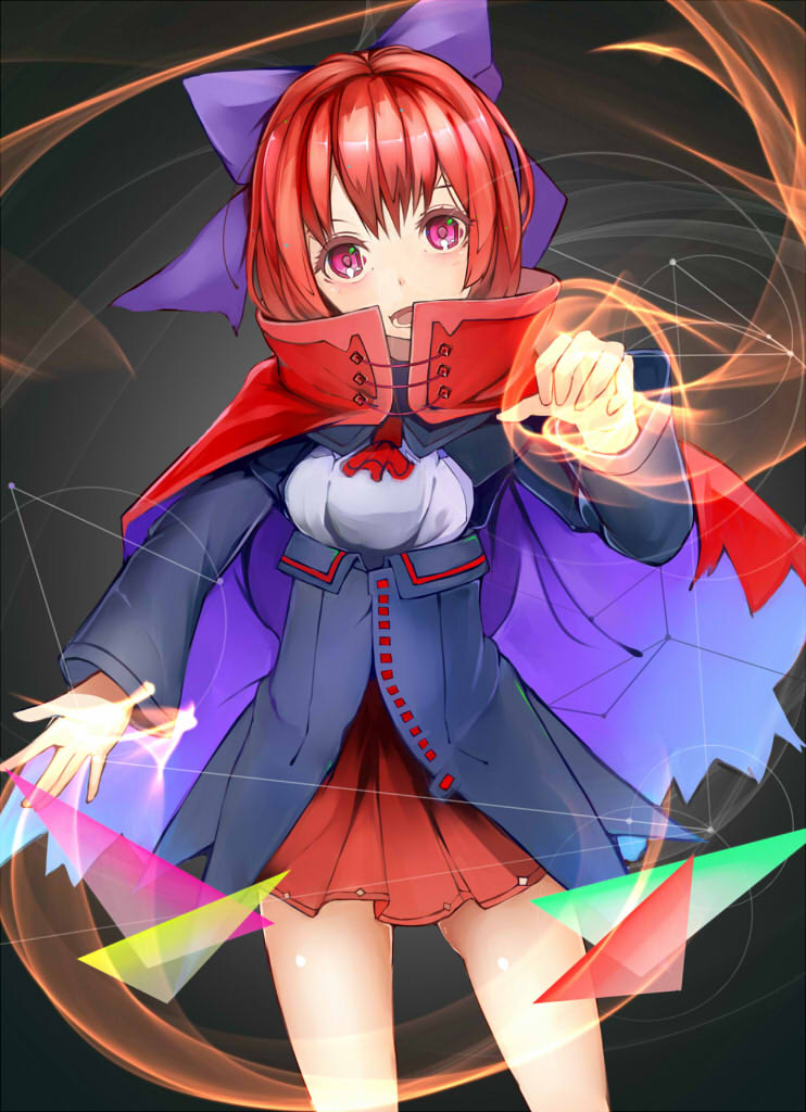 1girl bow cape cowboy_shot cravat glowing glowing_hand grey_background hair_bow head_tilt layered_dress long_sleeves looking_at_viewer open_mouth radiosity_(yousei) raised_hand red_eyes redhead sekibanki short_hair skirt solo touhou