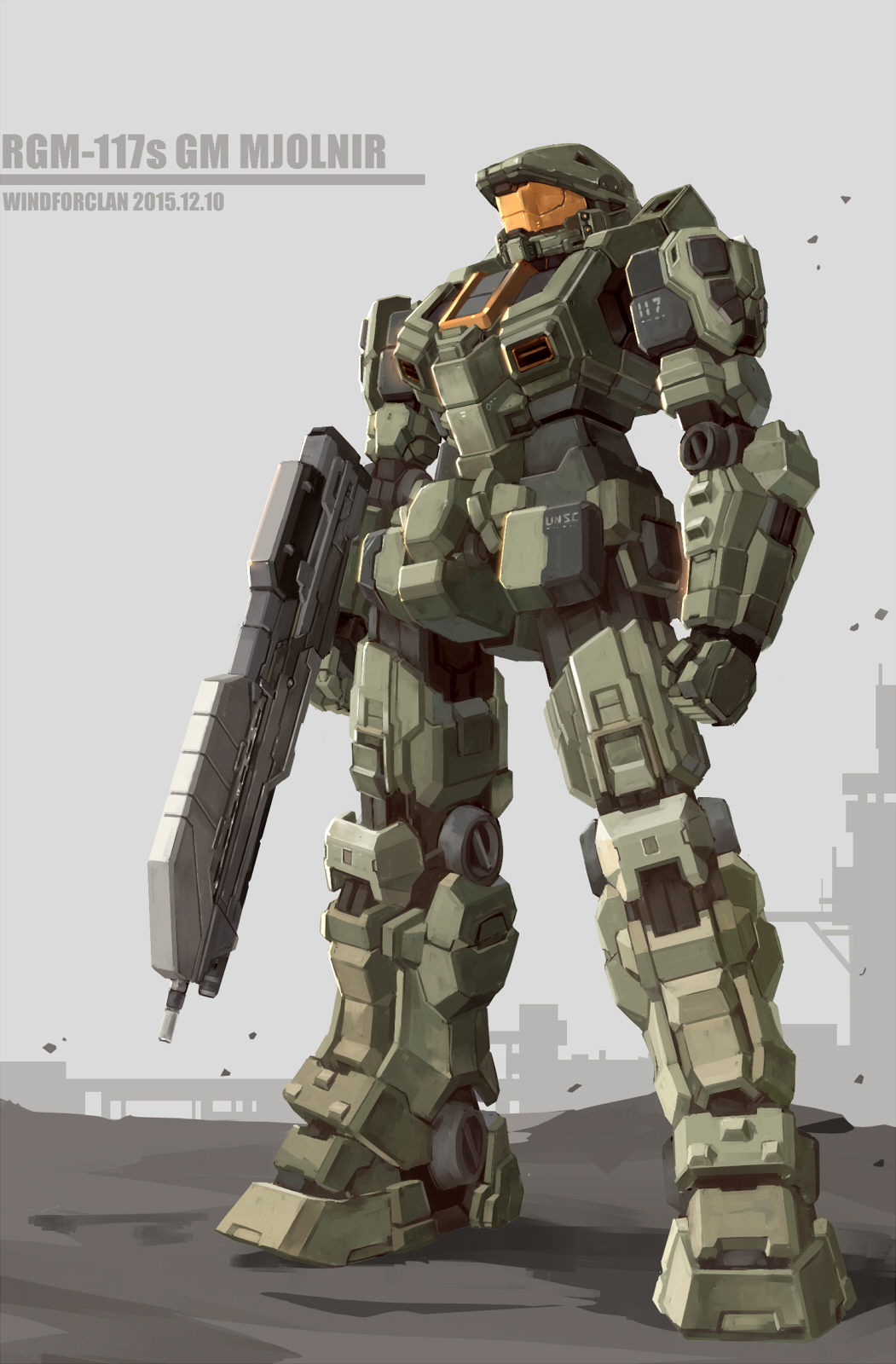 gun gundam halo_(game) highres master_chief mecha rifle spartan_(halo) tagme weapon windforcelan