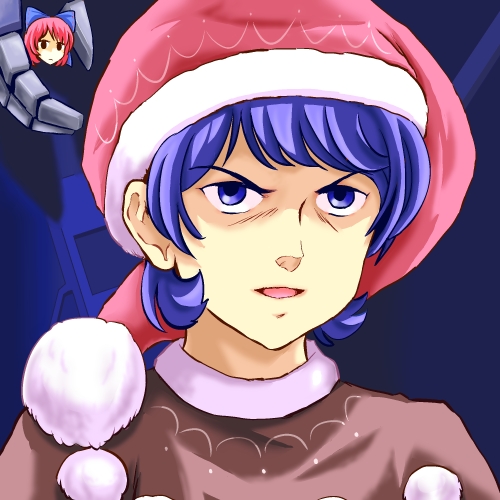 2girls aneha_zaku blue_eyes blue_hair capelet cosplay doremy_sweet doremy_sweet_(cosplay) floating_head hat kamille_bidan lowres mechanical_hand multiple_girls nightcap open_mouth redhead sekibanki shaded_face short_hair touhou