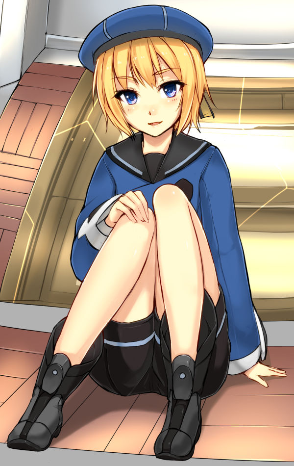 1girl :d bike_shorts blonde_hair blue_eyes blush hat knees_together_feet_apart knees_up long_sleeves looking_at_viewer open_mouth original phantasy_star phantasy_star_online_2 ryou@ryou short_hair sitting smile solo uniform