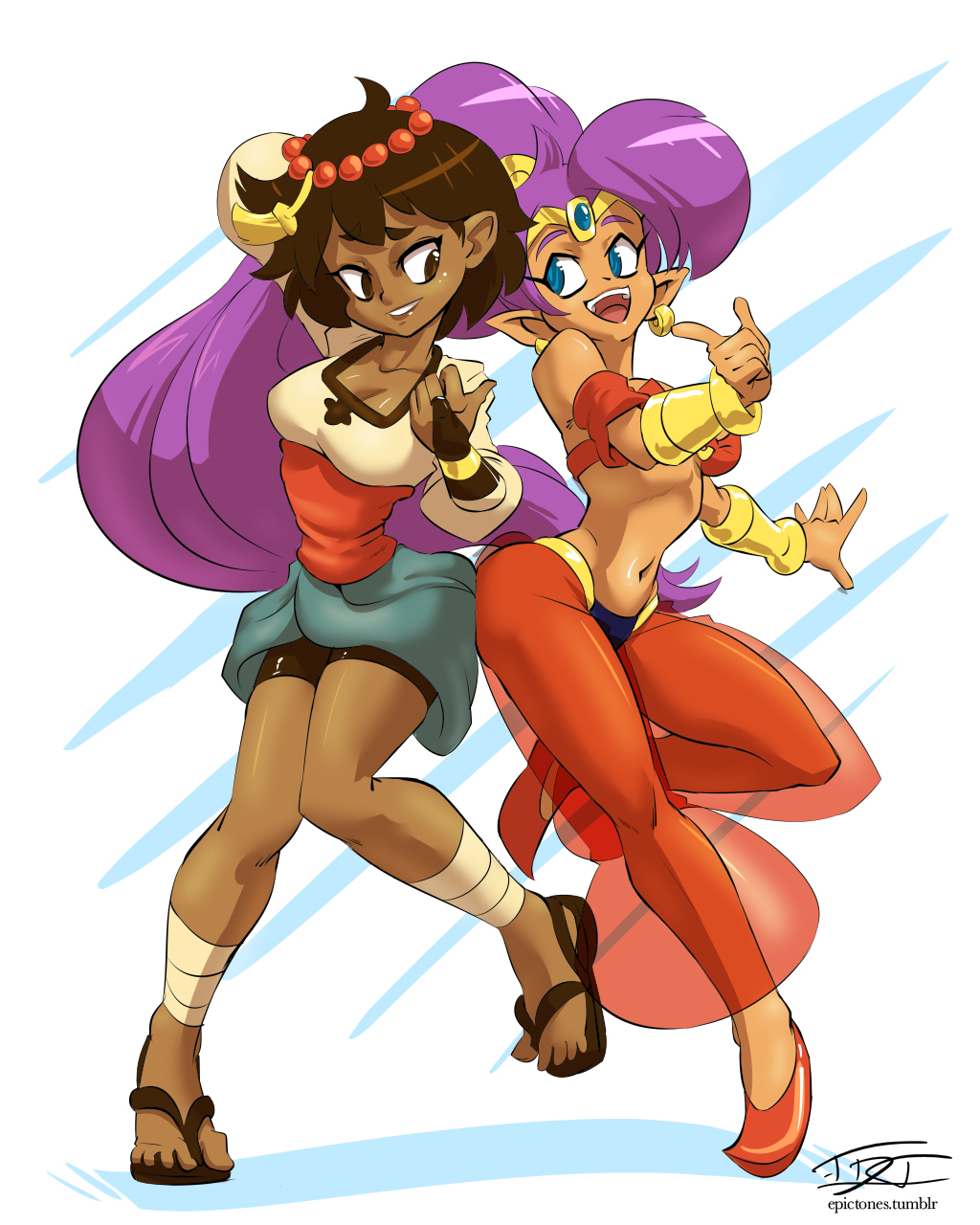 2girls ajna_(indivisible) ankle_wraps bandeau bike_shorts blue_eyes breasts brown_eyes brown_hair cleavage crossover dark_skin earrings eric_toner forehead_jewel full_body hair_ornament harem_pants high_ponytail highres hoop_earrings indivisible jewelry long_hair multiple_girls navel open_mouth pants pearl pointy_ears pointy_shoes purple_hair sandals sash see-through shantae shantae_(character) shoes short_hair shorts_under_skirt slender_waist smile tiara toes very_long_hair