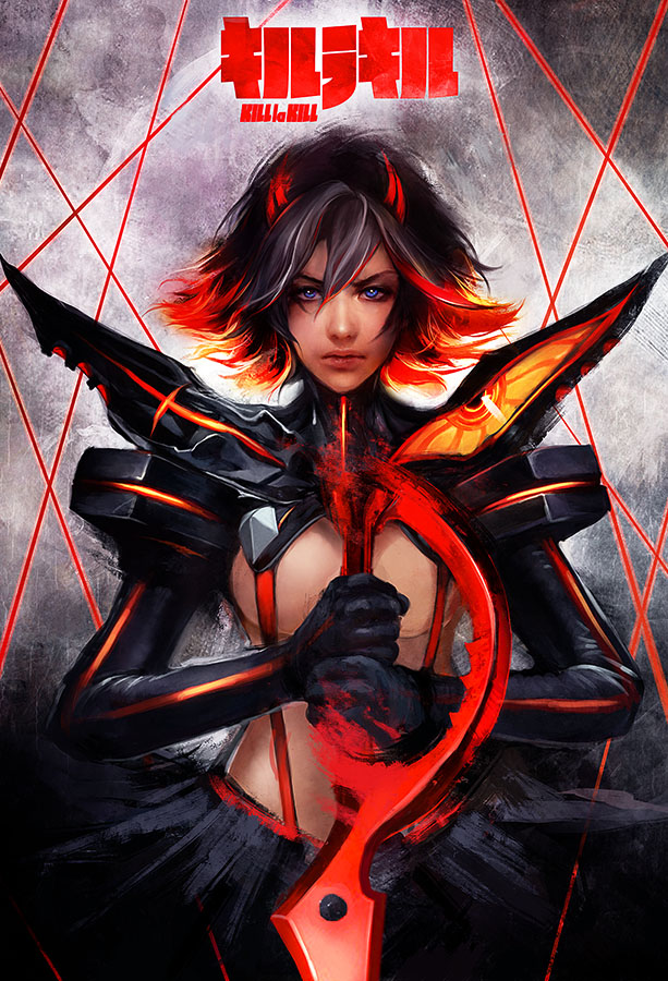 1girl black_hair blue_eyes breasts copyright_name cowboy_shot hairpods kill_la_kill large_breasts lips living_clothes matoi_ryuuko microskirt muju multicolored_hair nose planted_weapon realistic redhead revealing_clothes scissor_blade senketsu short_hair skirt solo suspenders two-tone_hair under_boob weapon