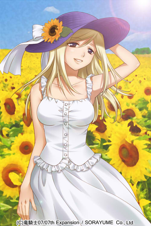 1girl blonde_hair bow breasts brown_eyes dress field flower flower_field higurashi_no_naku_koro_ni izumi_natsuka long_hair open_mouth sky smile solo sunflower sunlight takano_miyo white_dress