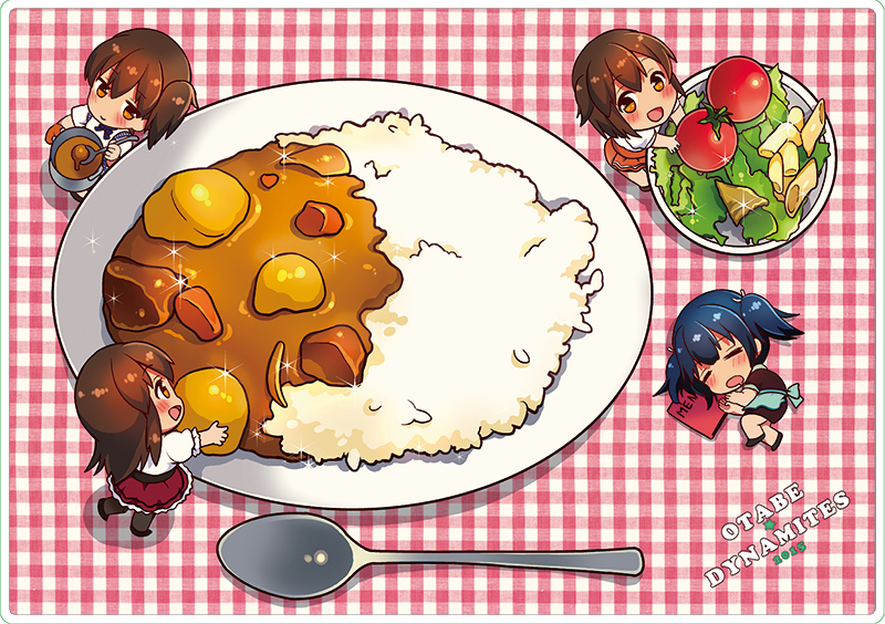 2015 4girls :d :o akagi_(kantai_collection) alternate_costume apron bangs black_dress black_legwear black_shoes blue_hair blush bowl bowtie brown_hair carrot chibi closed_mouth cooking_pot curry curry_rice dress food from_above gloves hiryuu_(kantai_collection) holding holding_food kaga_(kantai_collection) kantai_collection ladle long_hair looking_at_viewer lying meal meat menu minigirl multiple_girls on_side open_mouth orange_eyes otabe_sakura oversized_object plaid plate pot potato puffy_short_sleeves puffy_sleeves red_gloves red_skirt rice rounded_corners salad shirt shoes short_hair short_sleeves side_ponytail skirt sleeping smile souryuu_(kantai_collection) sparkle spoon standing standing_on_one_leg tomato twintails waist_apron white_shirt