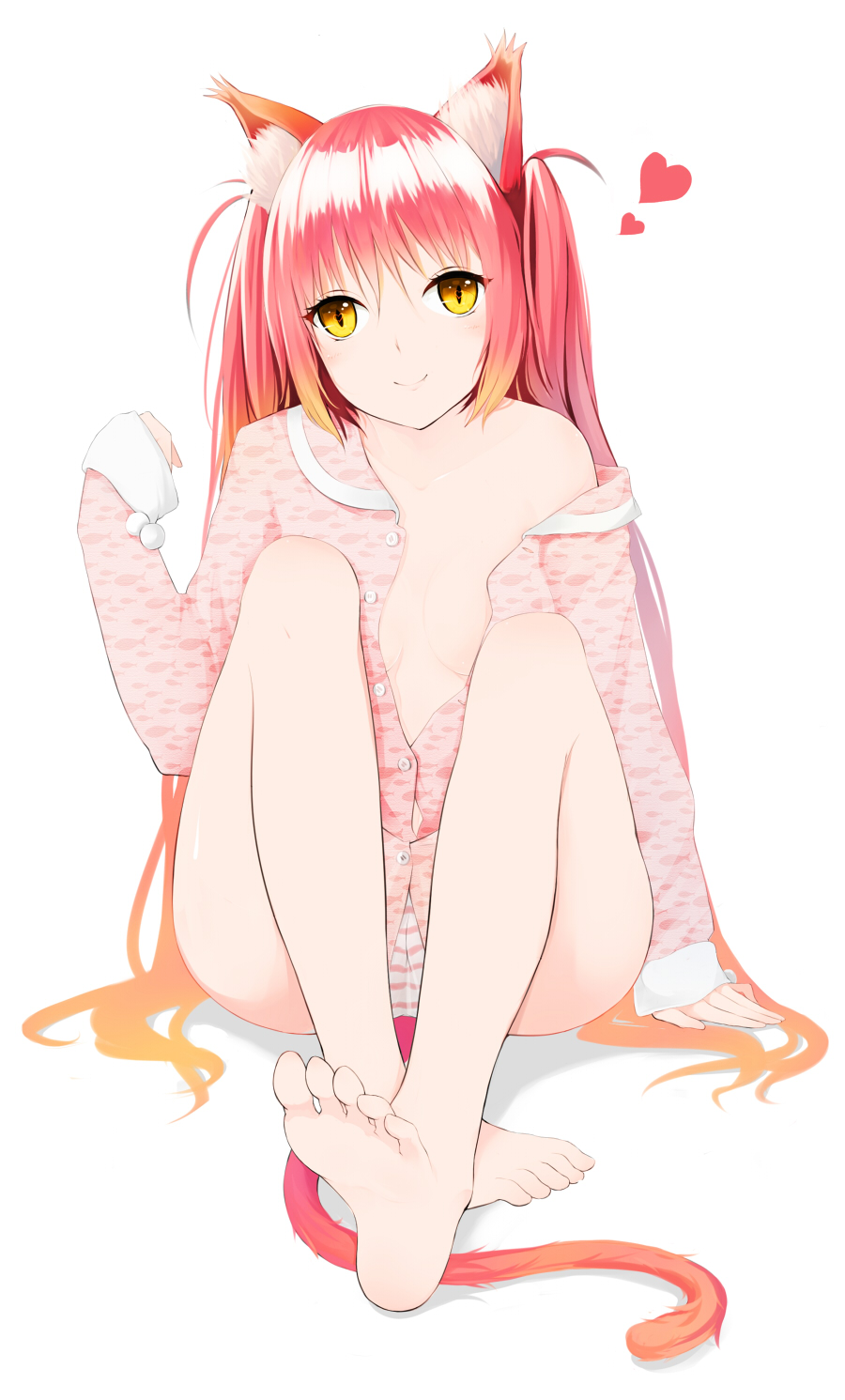 1girl animal_ears barefoot breasts cat_ears cat_tail dre heart highres looking_at_viewer open_pajamas original pajamas panties redhead sitting slit_pupils smile solo striped striped_panties tail thigh-highs underwear white_legwear yellow_eyes