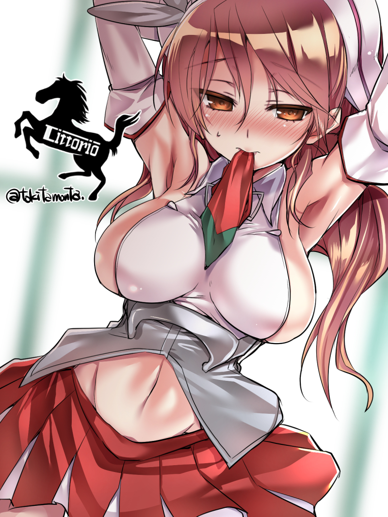 1girl armpits arms_behind_head blush breasts brown_hair character_name colored_eyelashes corset detached_sleeves ferrari hair_between_eyes kantai_collection large_breasts light_brown_hair littorio_(kantai_collection) long_hair looking_at_viewer looking_to_the_side miniskirt mouth_hold navel pleated_skirt ponytail red_skirt skirt solo tokita_monta wavy_hair