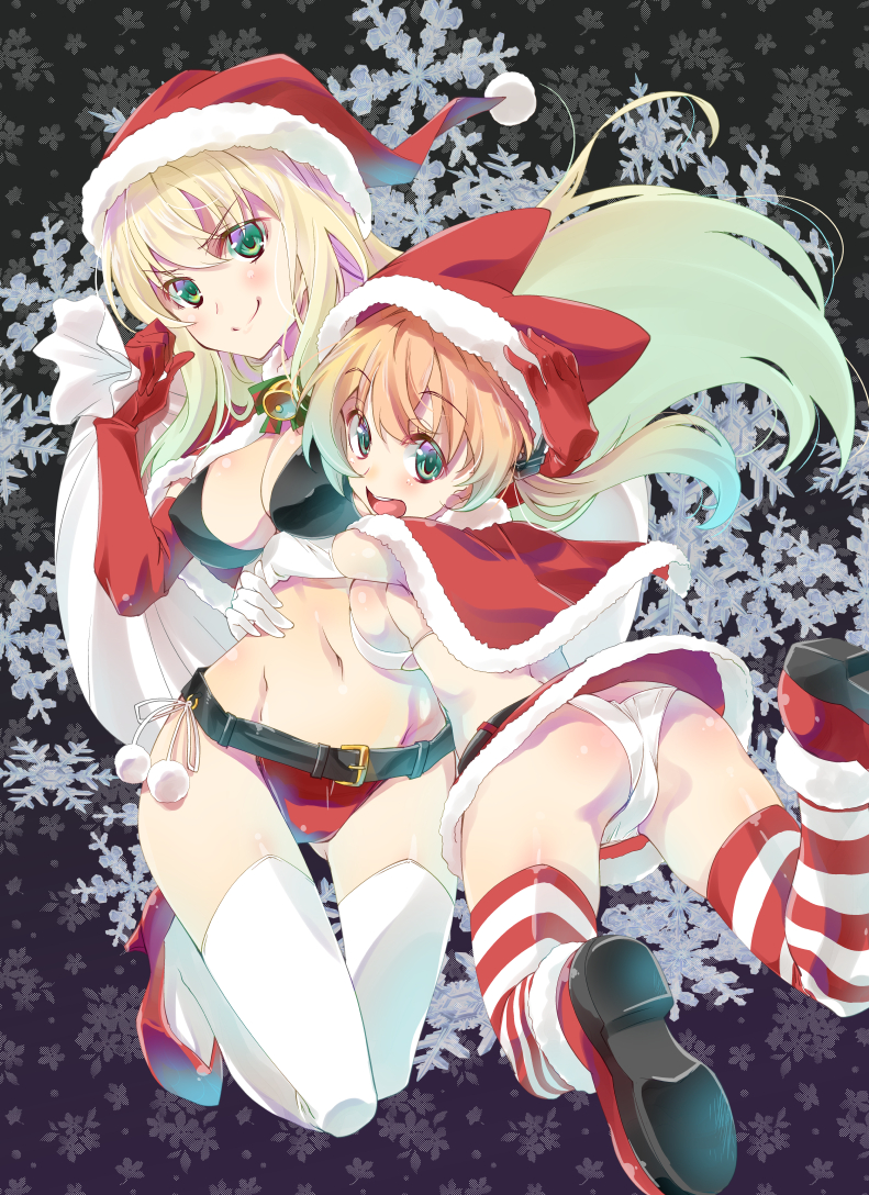 2girls :d alternate_costume anchor_hair_ornament ass bell belt bikini bismarck_(kantai_collection) black_bikini_top blonde_hair blush breasts capelet cleavage elbow_gloves gloves green_eyes hair_ornament hat high_heels hug imu_sanjo kantai_collection large_breasts long_hair looking_at_viewer multiple_girls navel open_mouth prinz_eugen_(kantai_collection) red_bikini santa_costume sideboob smile swimsuit thigh-highs white_bikini white_gloves white_legwear white_swimsuit