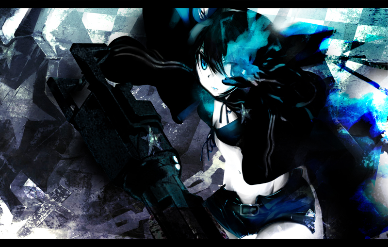 bad_id bangs belt bikini_top black_hair black_rock_shooter black_rock_shooter_(character) blue_eyes chain checkered coat flat_chest front-tie_top gloves glowing glowing_eyes gun hood hooded_jacket jacket long_hair midriff navel pale_skin shirokitsune short_shorts shorts solo star twintails uneven_twintails very_long_hair weapon