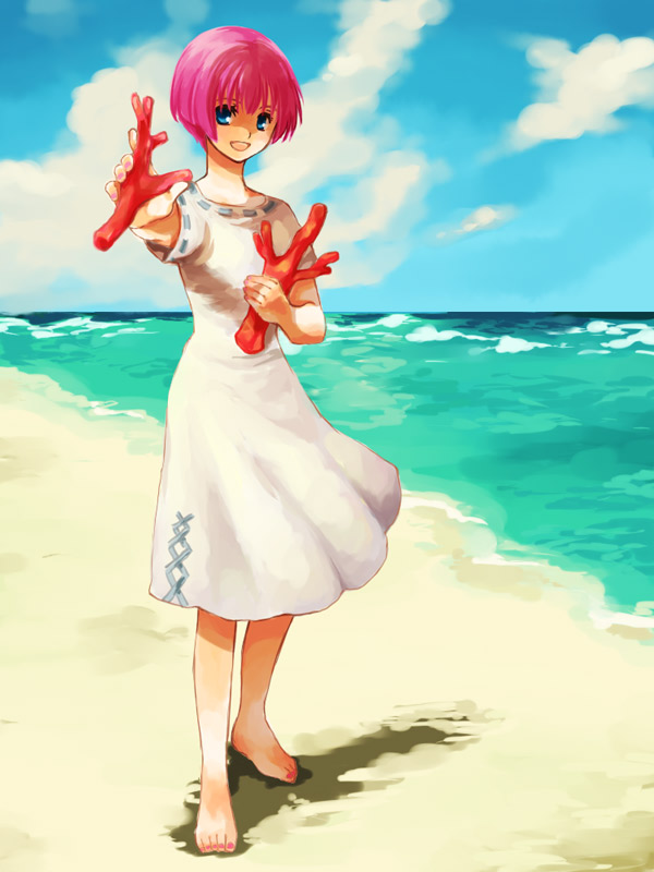 beach blue_eyes coral dragon_quest dragon_quest_ix dress feet nail_polish ocean open_mouth pink_hair short_hair sky smile solo toenail_polish water yukaris