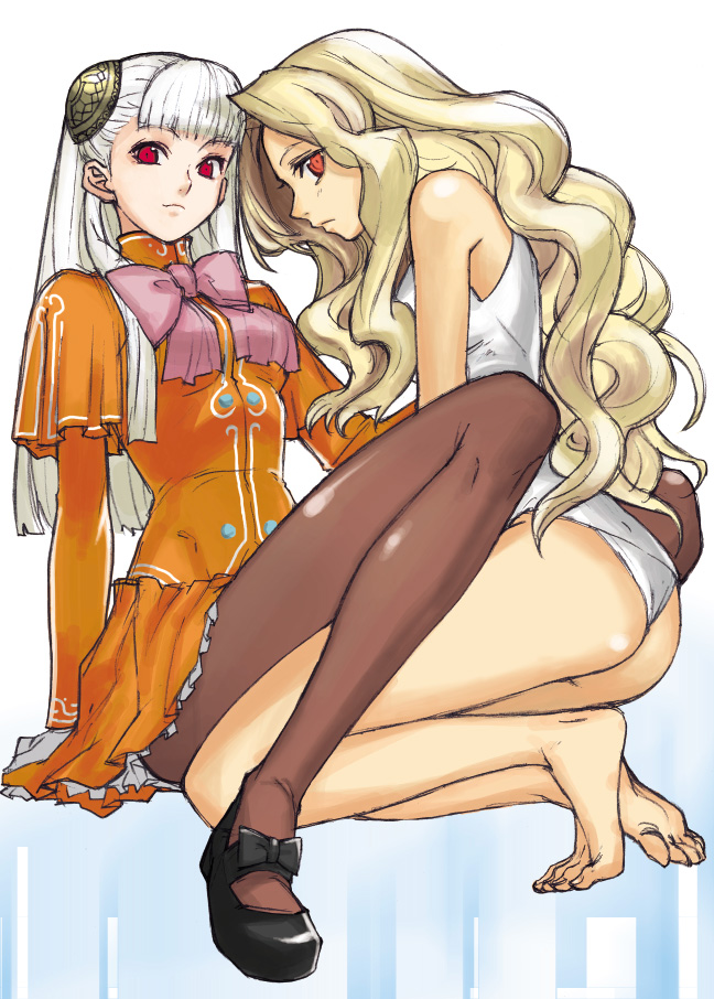 albino alternate_color arm_support ass barefoot blonde_hair bow capcom capcom_fighting_evolution dress feet frown gloves hairpods ingrid kimuchi kneeling legs lips long_hair looking_back mary_janes midnight_bliss multiple_girls nool one-piece_swimsuit panties pantyhose red_eyes school_swimsuit shoes sitting smile swimsuit turtleneck warzard wavy_hair white_hair white_school_swimsuit yuri