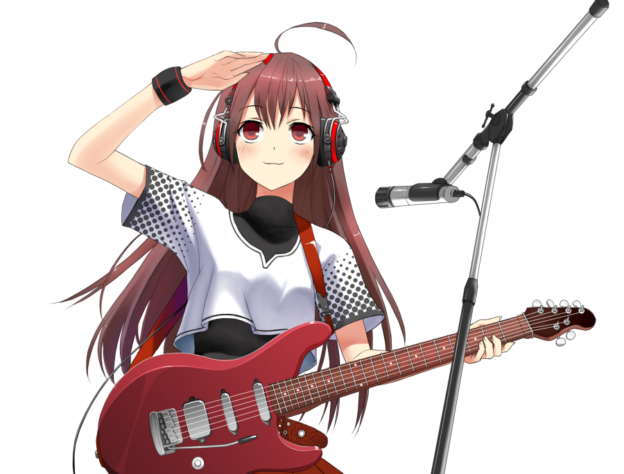 1girl ahoge brown_hair guitar headphones instrument long_hair microphone microphone_stand red_eyes shiden simple_background solo soloist_(guitar) studio_microphone wristband