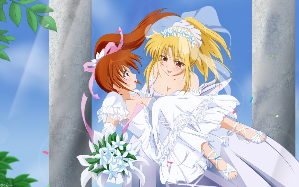 2girls blonde_hair fate_testarossa solwyvern takamachi_nanoha wedding_dress