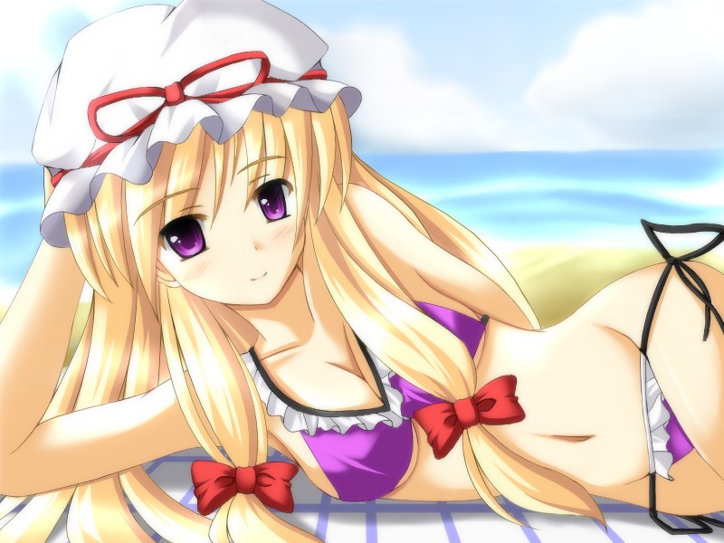 bad_id bikini blonde_hair breasts cleavage frills hair_ribbon hat large_breasts long_hair lying mumei navel on_side purple_eyes purple_hair ribbon side-tie_bikini smile solo swimsuit touhou violet_eyes yakumo_yukari