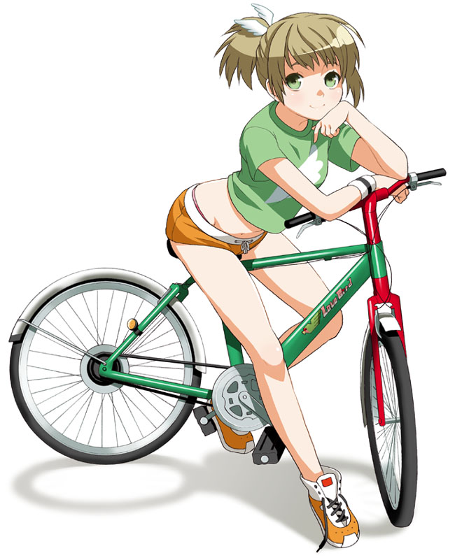 bicycle green_eyes hand_on_own_cheek hand_on_own_face hands legs mattaku_mosuke midriff original ponytail shoes short_shorts shorts simple_background sneakers solo