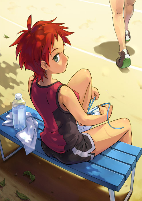 bench bottle breasts fujisaki_mana green_hair knee_pit kneepits laces minawa onegai_my_melody red_hair redhead shade short_hair sideboob sitting tennis_shoes towel tying tying_shoelaces water_bottle