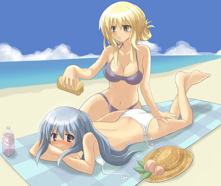 bare_back barefoot bikini blonde_hair blue_hair blush brown_eyes hat hat_removed headwear_removed hinanawi_tenshi hinoryu lying on_stomach purple_eyes swimsuit touhou yakumo_yukari