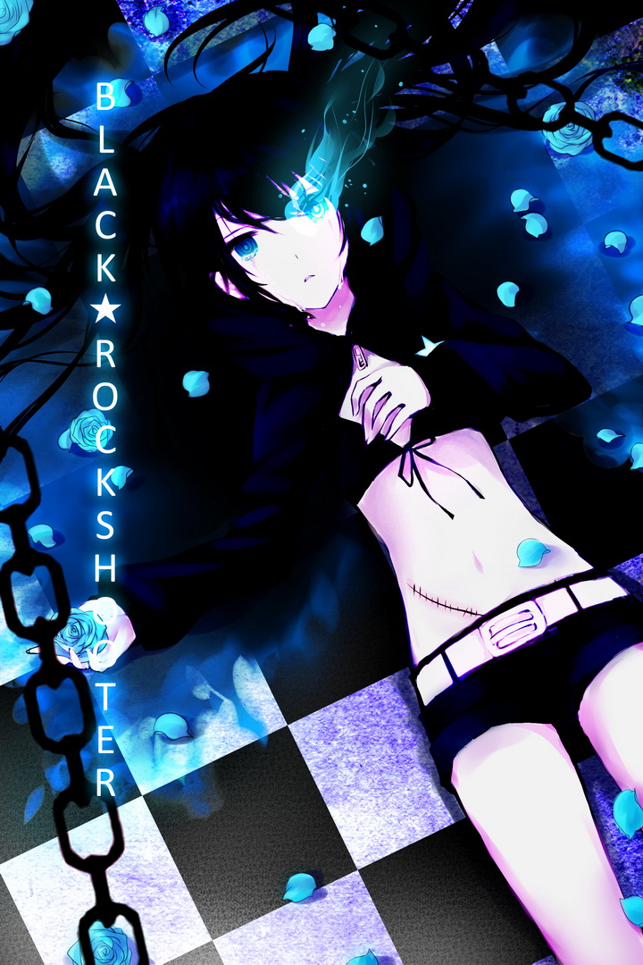 bangs belt bikini_top black_hair black_rock_shooter black_rock_shooter_(character) blue_eyes blue_rose chain chains checkered coat flat_chest flower front-tie_top glowing glowing_eyes hood jacket long_hair looking_up lying midriff navel on_back pale_skin petals rella rose scar short_shorts shorts solo star tears twintails uneven_twintails very_long_hair zipper
