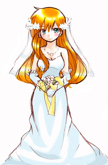 blush bouquet breasts bride cleavage dress earrings elbow_gloves flower gloves gym_leader jewelry kasumi_(pokemon) long_hair necklace orange_hair pokemon simple_background smile wedding_dress