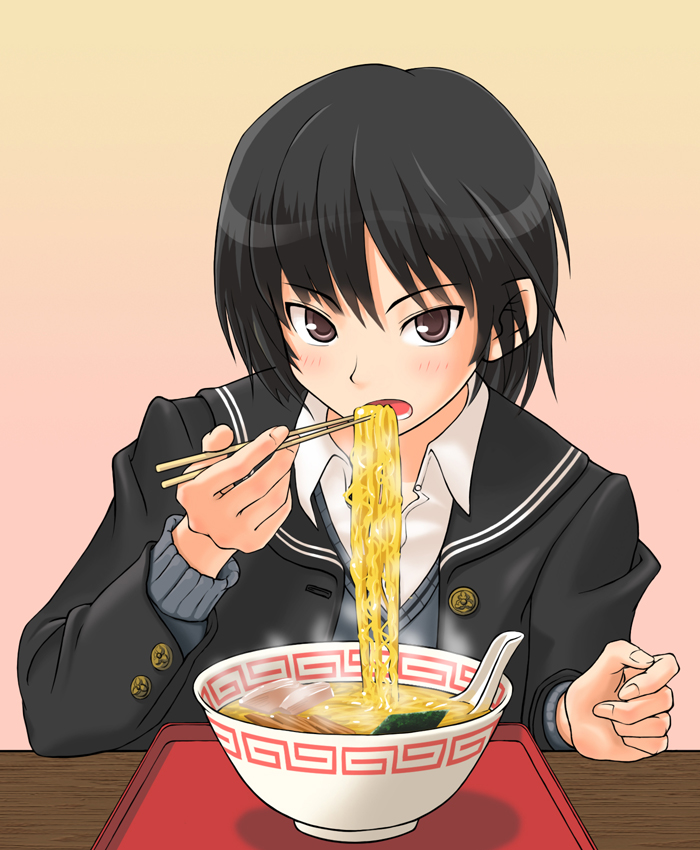 1girl amagami argon black_hair chopsticks eating food nanasaki_ai noodles ramen school_uniform short_hair solo