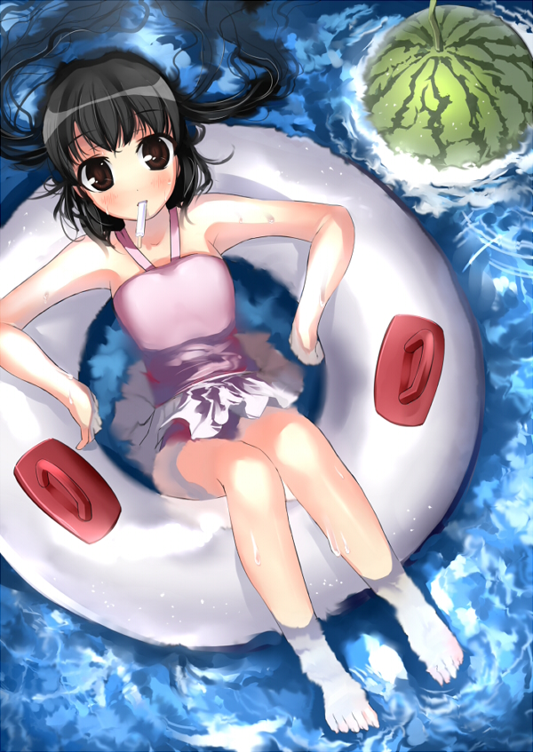 black_hair blush brown_eyes feet_in_water flat_chest food from_above fruit innertube k-on! miyazaki_byou nakano_azusa one-piece_swimsuit soaking_feet solo swimsuit twintails water watermelon